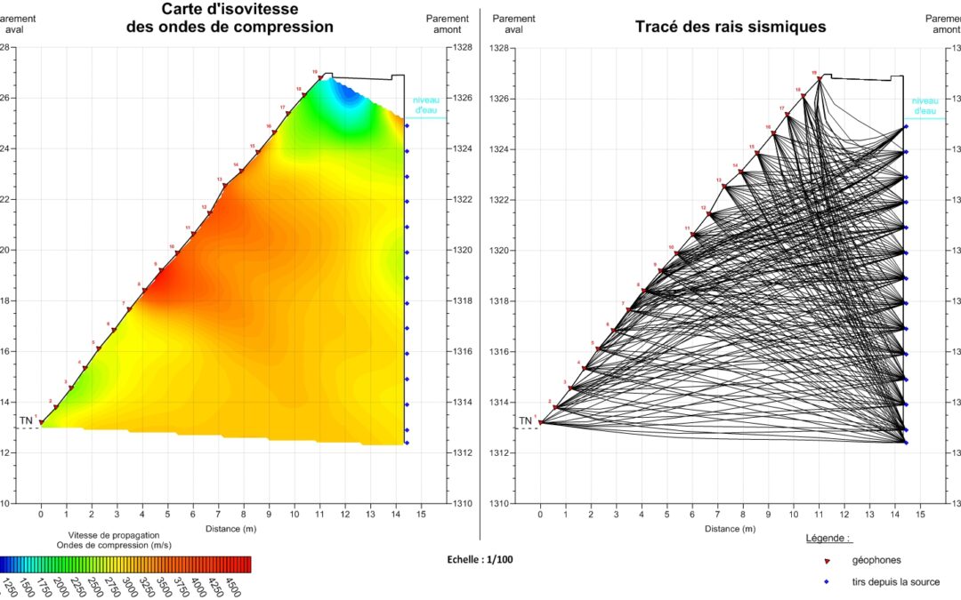 Barrage de Charpal (48) – Tomographie sismique entre parement amont et parement aval