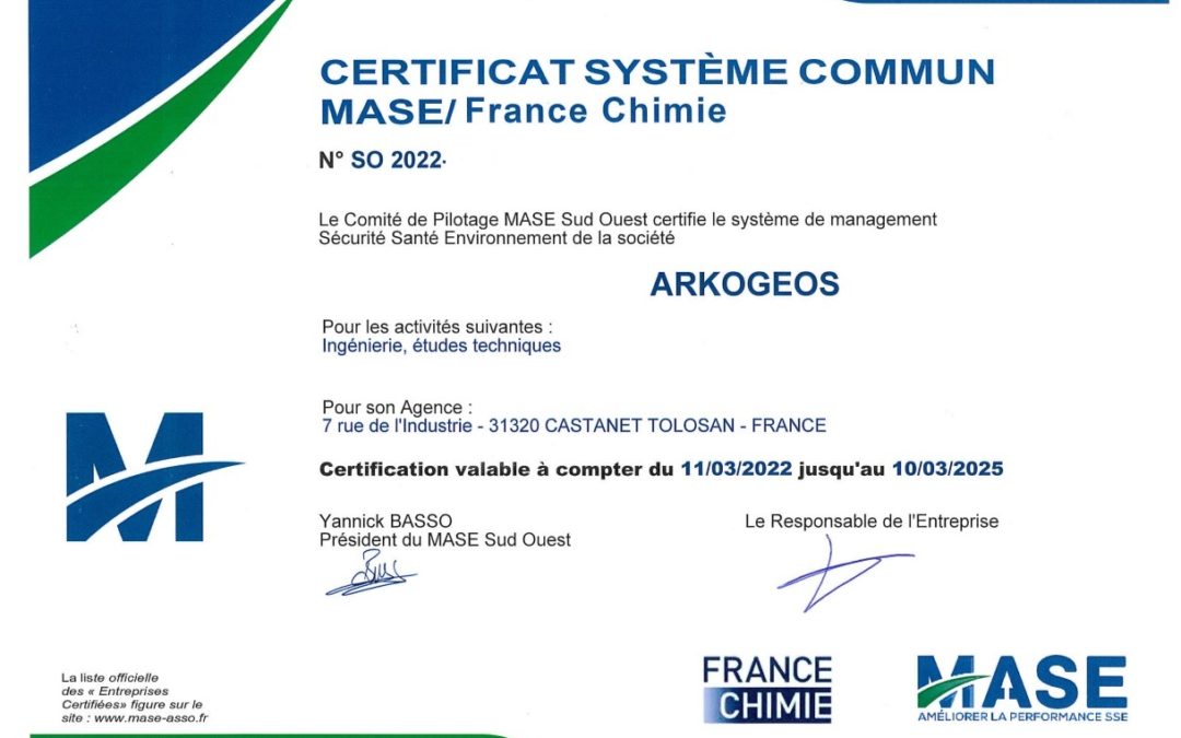 ArkoGéos a reconduit la certification MASE pour 3 ans